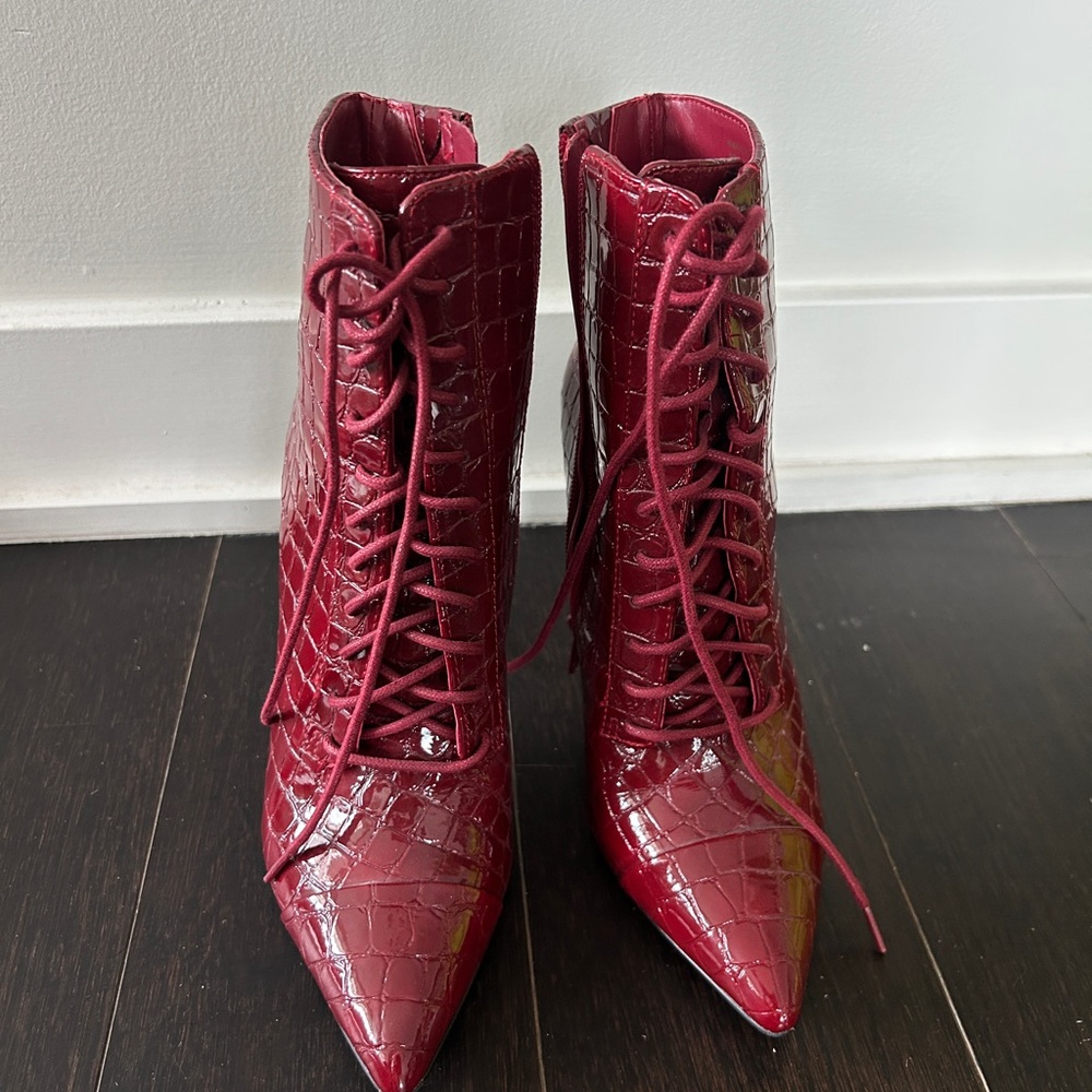 Burgundy Croc-Embossed Lace-Up Pointed Stiletto Booties - Picture 2 of 6